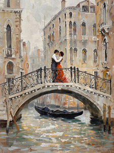 Venice Romance Painting: Digital Art of Lovers on a Bridge