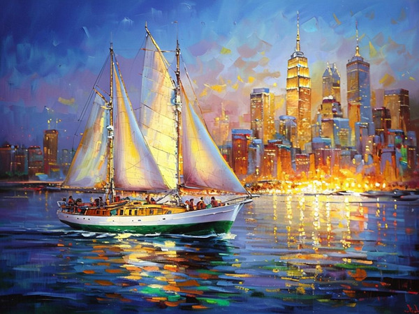 New York City Skyline Yacht Painting: Urban Seascape Digital Art Print by Pro Designs 77