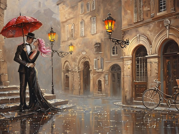 Romantic Rainy Street Kiss Vintage European Cityscape Wall Art Digital Download for Home & Office Decor by Pro Designs 77