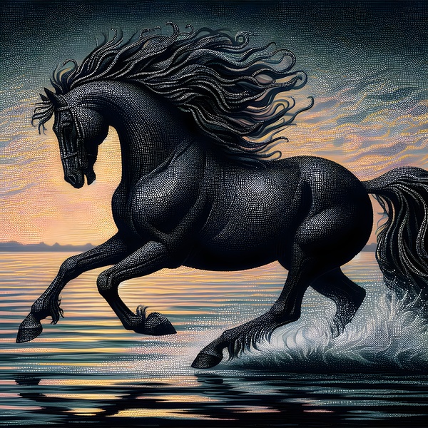 Black Horse On The Beach Print