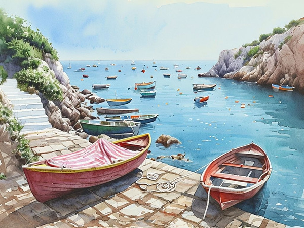 Mediterranean Harbor Boats Coastal Seaside Watercolor Art Print Digital Download for Nautical Home Decor by Pro Designs 77