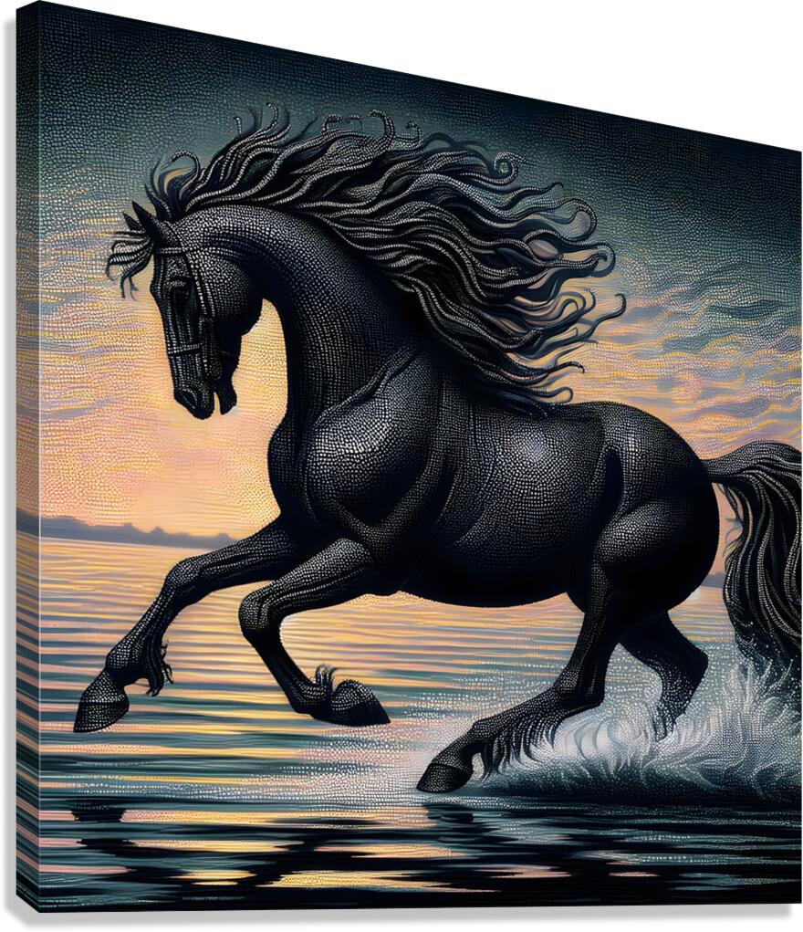 Black Horse On The Beach Canvas Print