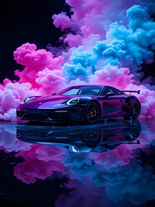 Reflective Sports Car Amidst Vibrant Smoke