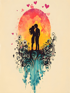 Silhouette Couple with Hearts and Floral