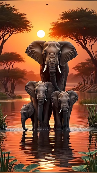 Playful Elephant Herd by the Riverbank Poster – Print