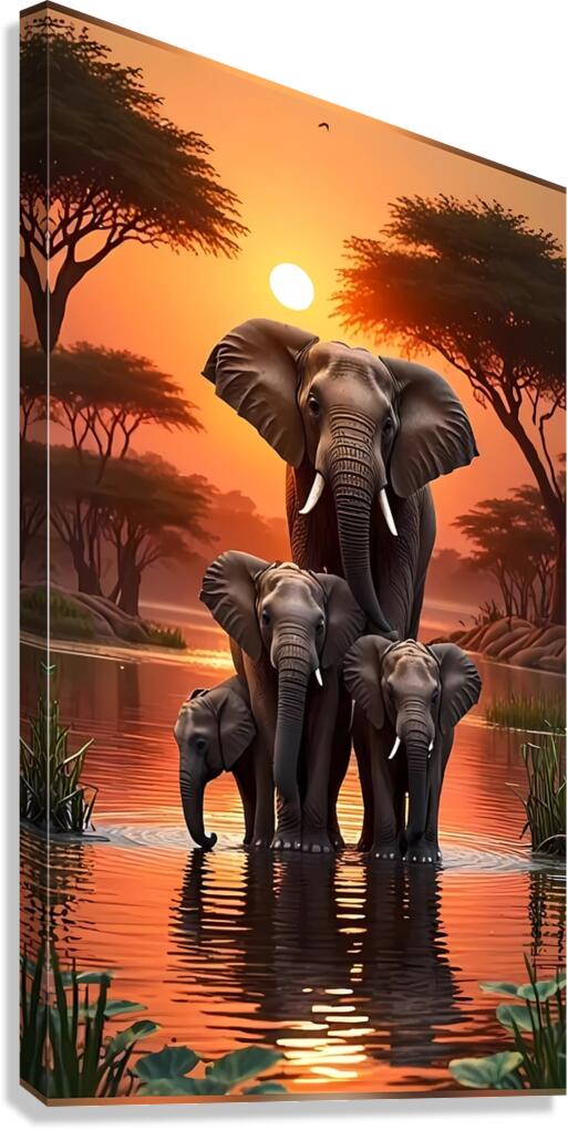 Playful Elephant Herd by the Riverbank Poster – Canvas Print