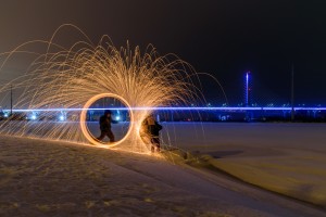Fighting with fire background Champlain bridge Montreal