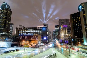 Close up city buildings at night