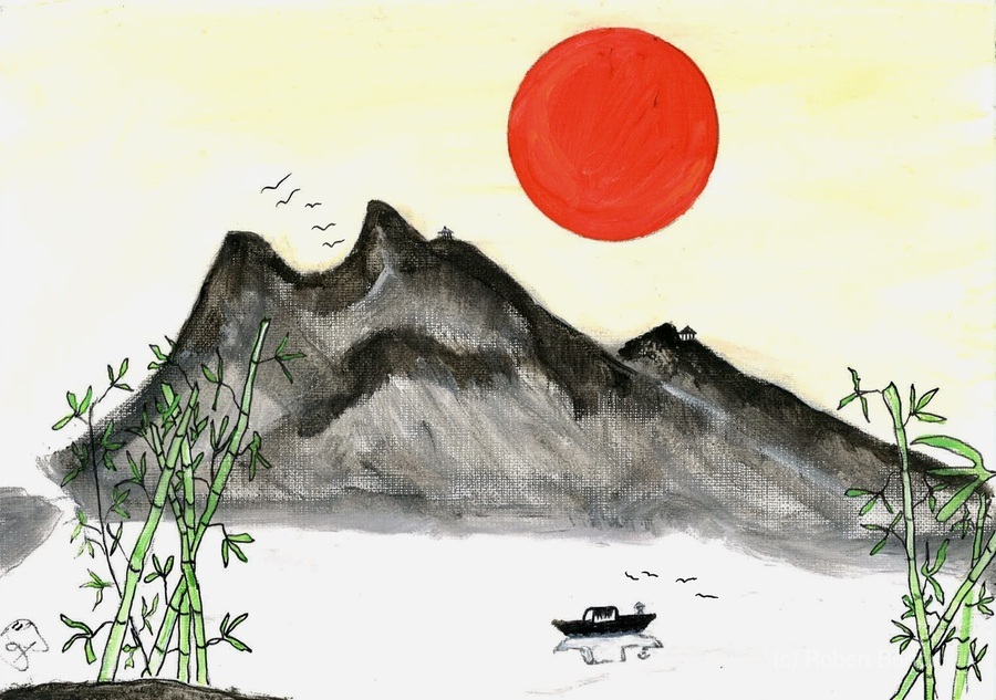 Red Sun over the Chinese mountains by Robert Burton Wall Art
