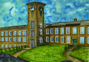 Historic mill wall art old building clock tower painting industrial earthy brown art work watercolor hand painted art-work