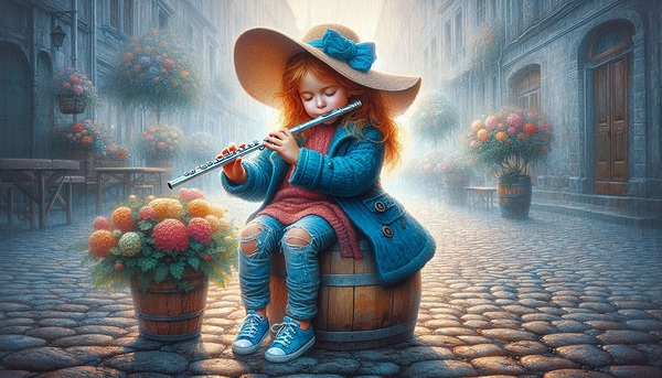  Little Girl Playing the Flute in an Old European Street Print