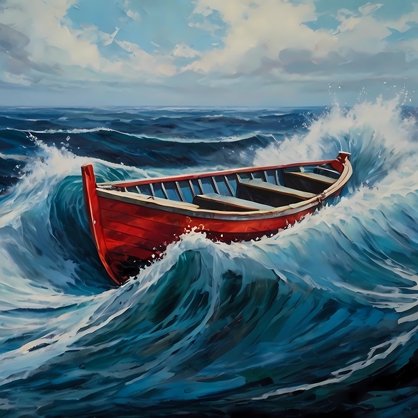 Red Boat in Turbulent Waters Print