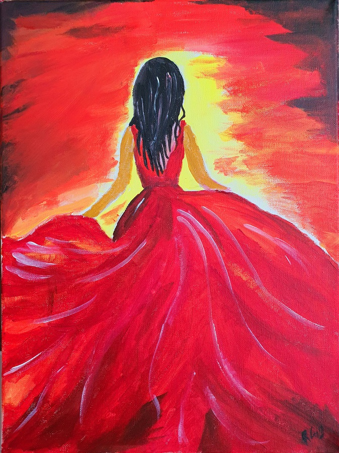 リトグラフ 庭の風景 赤いドレスの女性 sunset lady in red dress by Raman Gill Wall Art