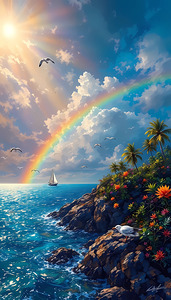 Tropical Paradise with Rainbow