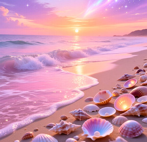 Dreamy Pink Sunset Beach with Seashells