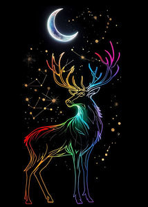 Colorful Stag Under Celestial Moon
