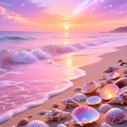 Dreamy Pink Sunset Beach with Seashells