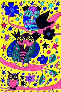 Abstract Colourful Perching Doodle Art Owls