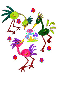Abstract Cute Birds and Mushrooms Too