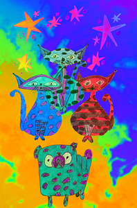 Abstract Cats Pug and Stars