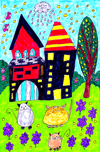 Abstract Doodle House Cats