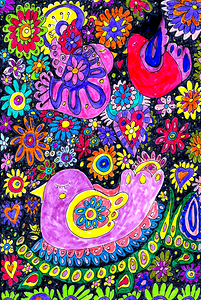 Abstract Psychedelic Floral Doodle Art Birds 