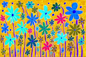 Abstract Floral Pink Green Flowers on a Golden Background