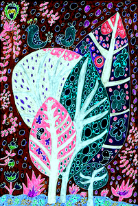 Abstract Forest and Colourful Birds