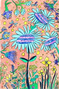 Abstract Colourful Flowers and Dragonflies