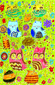 Abstract Doodle Owls and Pussy Cats