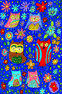 Abstract Owls and Colourful Flowers