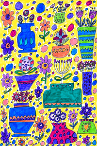 Abstract Vibrantly Coloured Doodle Art Vases and Flowers