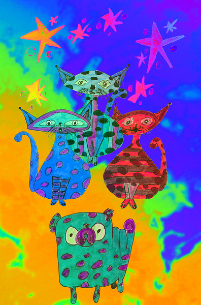 Abstract Cats Pug and Stars Print