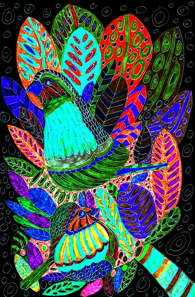 Abstract Birds and Leaves Print