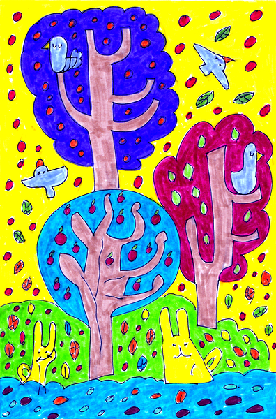 Abstract Doodle Tree Tops Birds Print