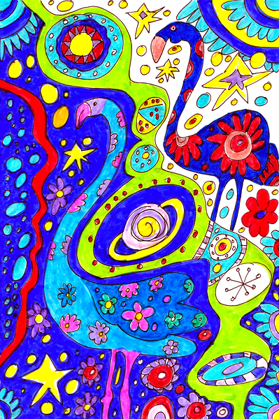 Abstract Doodle Art Flamingos Print
