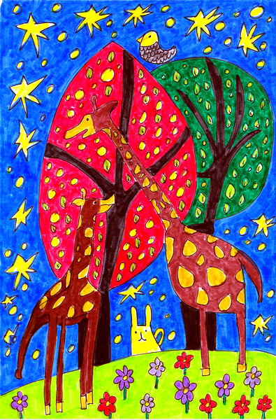 Abstract Doodle Art Giraffes- Mother and Child  Print