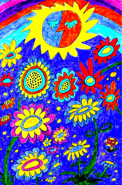 Abstract Sun and Flowers Print