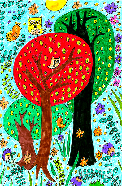 Abstract Doodle Art Trees and Owls  Print