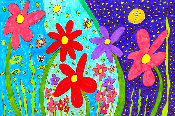 Abstract Flowers Butterflies and Bees Print