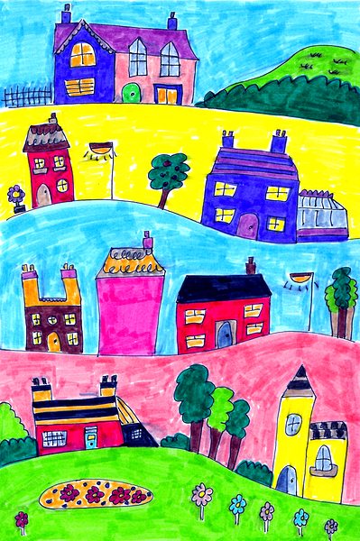 Abstract Colourful Doodle Houses Print