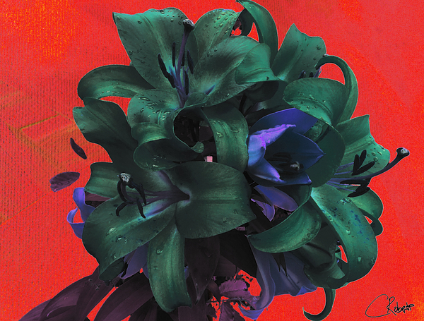 Abstract Green and Blue Lilies on a Red Background Print