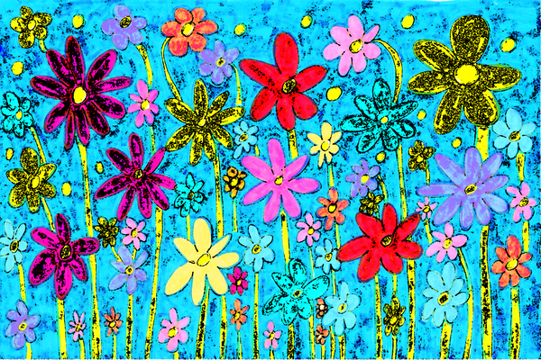Abstract Vibrant Floral Display on a Blue Background Print