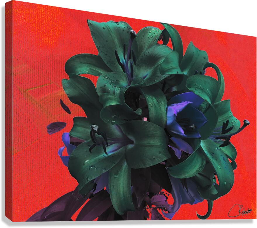 Abstract Green and Blue Lilies on a Red Background Canvas Print