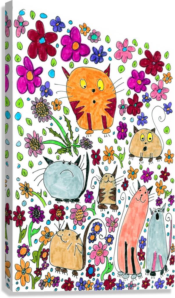 Abstract Floral Doodle Art Cats  Canvas Print