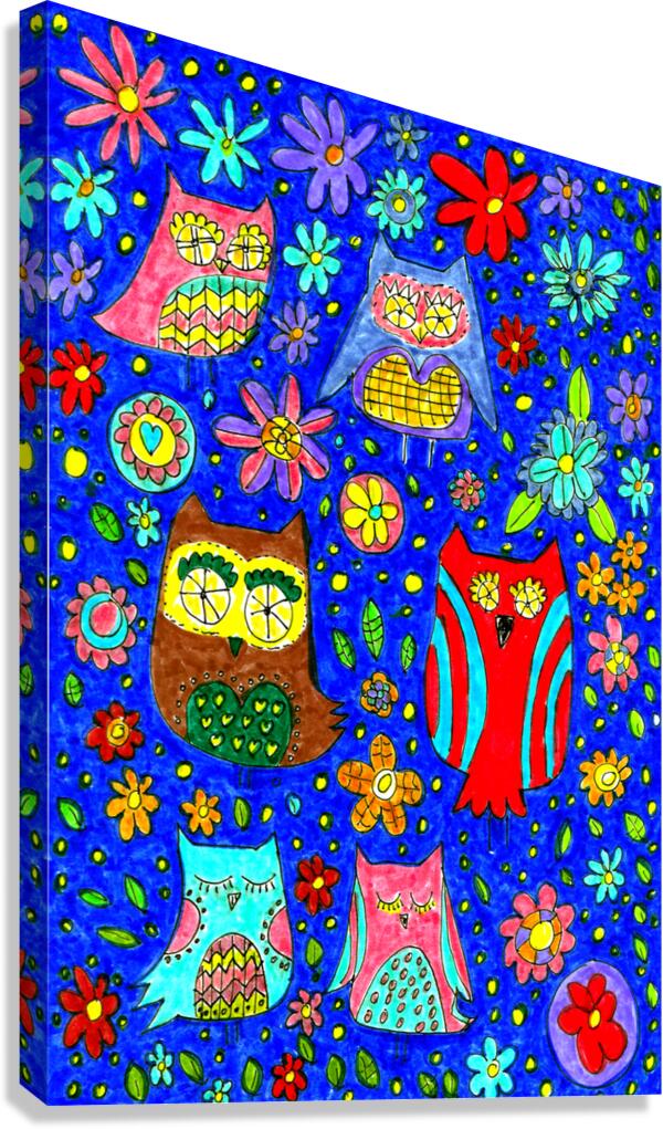 Abstract Owls and Colourful Flowers Canvas Print