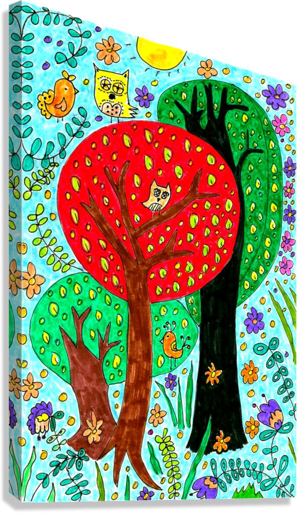 Abstract Doodle Art Trees and Owls  Canvas Print