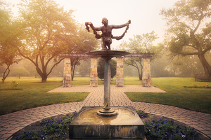Rose Garden Water Feature Statue at Sunrise