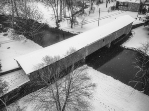 Black and White Snowy Bogert Covered Bridge Aerial