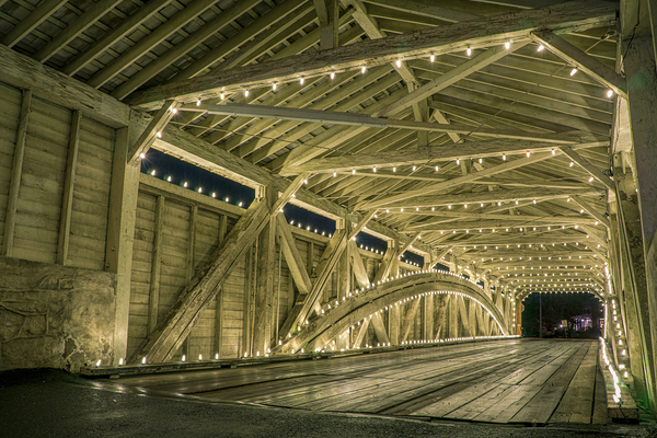 Covered Bridge Interior Holiday Lights Print